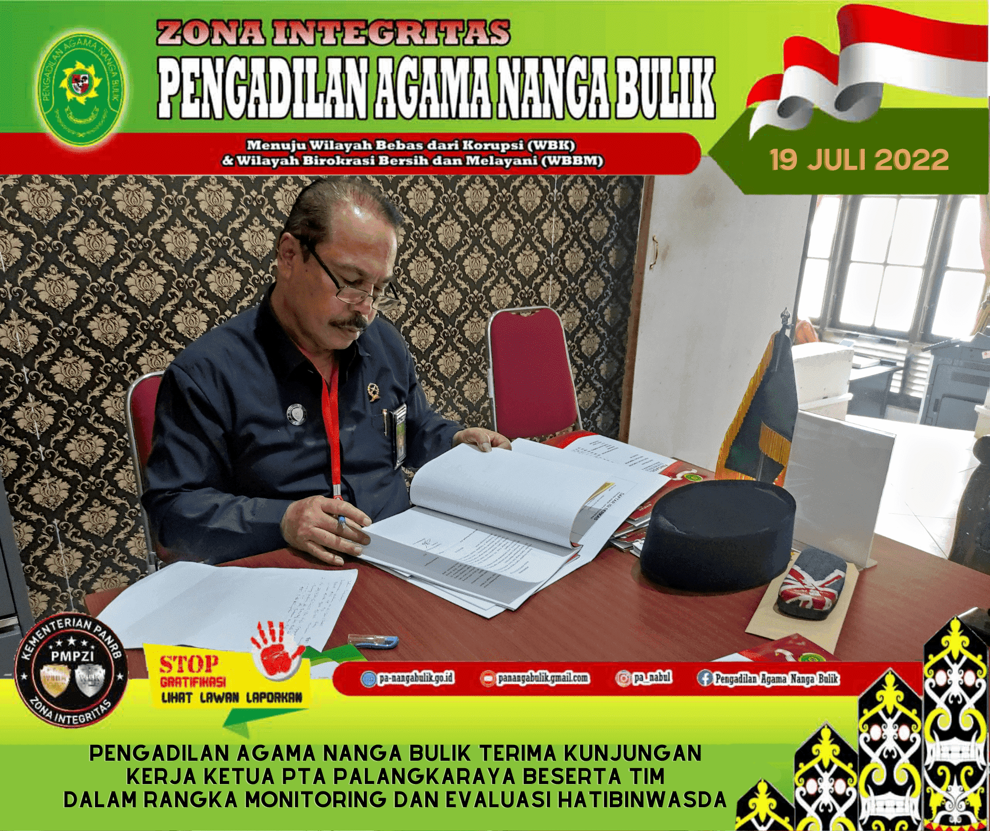 Pengadilan Agama Nanga Bulik Terima Kunjungan Kerja Ketua PTA Palangkaraya Beserta Tim Dalam Rangka Monitoring Dan Evaluasi HATIBINWASDA