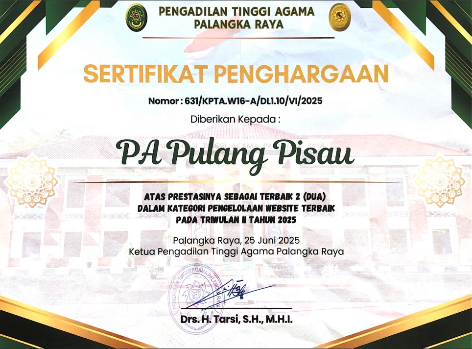 Pengadilan Agama Pulang Pisau Raih Penghargaan “Pengelolaan Website Terbaik 2”