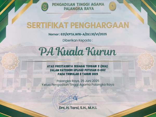 PA Kuala Kurun Raih Penghargaan Terbaik II  dalam Kategori Upload Putusan E-Doc